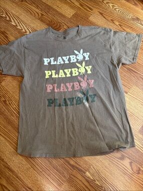 PLAYBOY Brown Tee with Multicolor Logo Rows